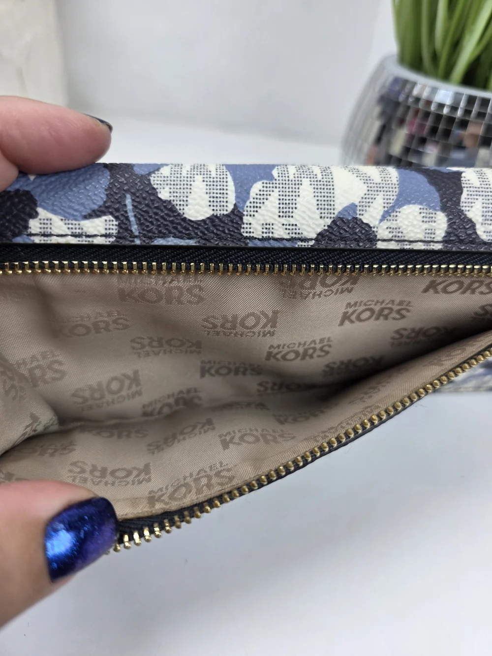 Michael Kors Navy, Blue & White Floral Continental Flat Wallet